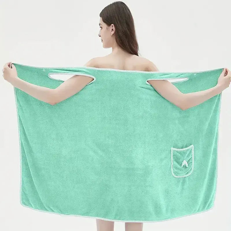 Wearable bath towel in coral velvet, featuring a bowknot design, ideal for quick drying and water absorption.