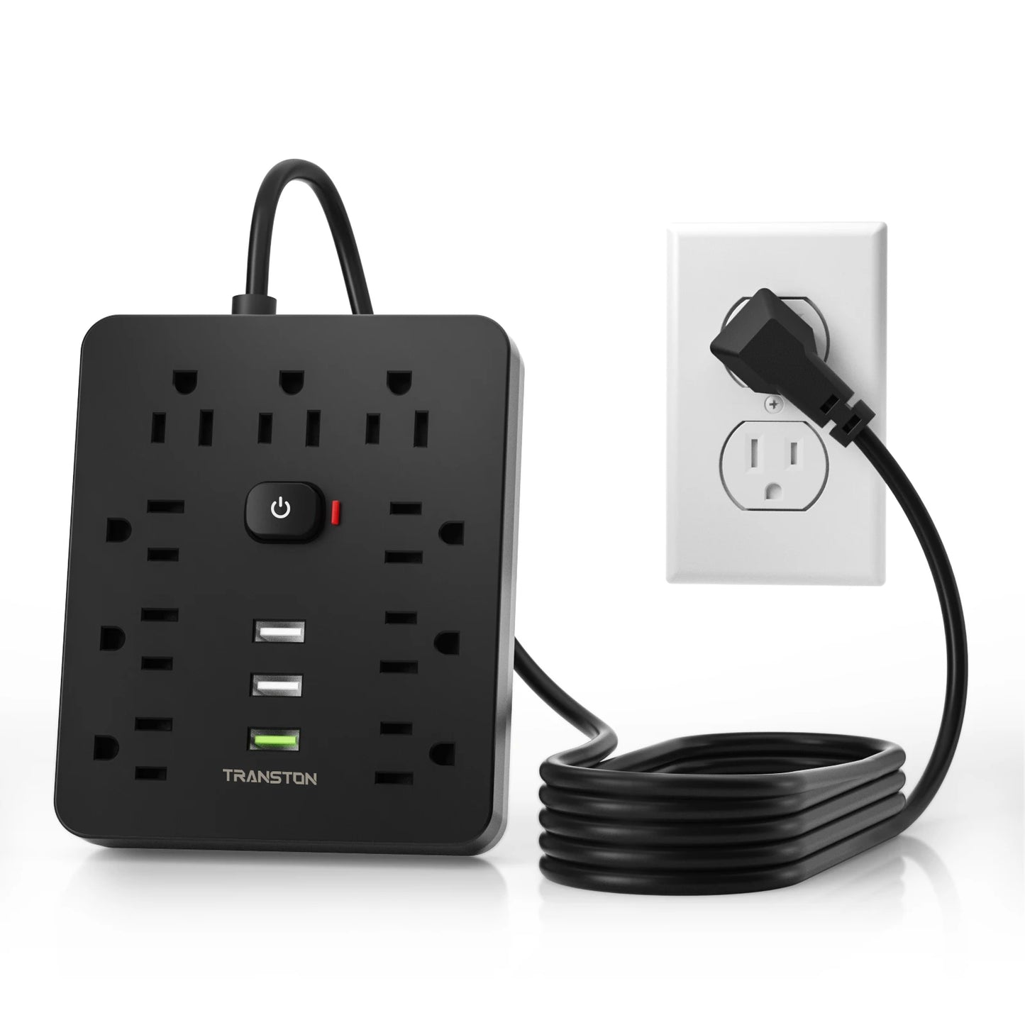 TRANSTON Power Outlet with Surge Protector, 9 power strip 3 USB Ports, 5ft Extension Cord, Quick Charge, For Homeand off