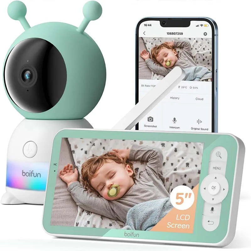 BOIFUN 2K 5" Baby Monitor Camera, 360° Rotation with Phone App, Colorful Night Lights,Motion Monitoring, Automatic Tracking