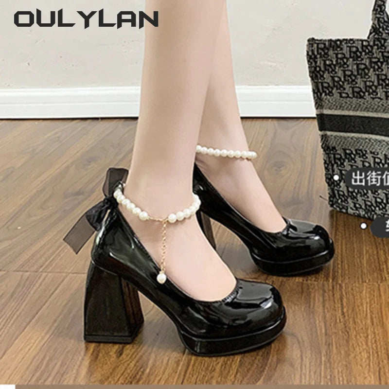 Oulylan Women High Heels Elegant Bow Square Toe Black Fashion Pumps Thick Heel Wedding Party Pearl Lace Wedding Shoes Ladies