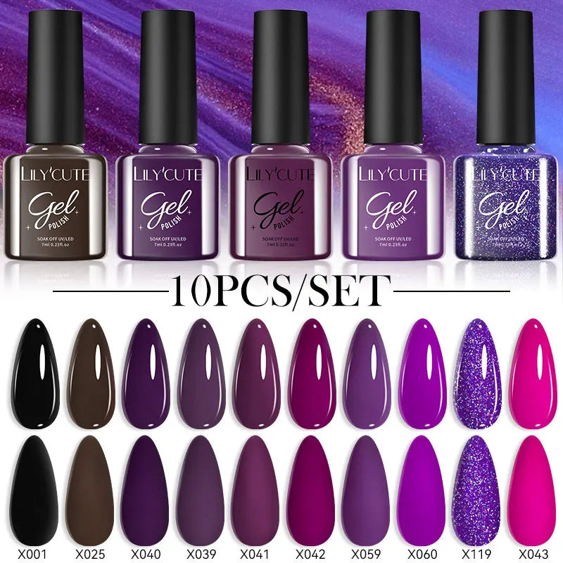 LILYCUTE 10PCS/Set Набір гель-лаків для нігтів Рожевий фіолетовий гель для нігтів Напівперманентний УФ світлодіодний лак Nail Art Design Soak Off Набір гелів для нігтів