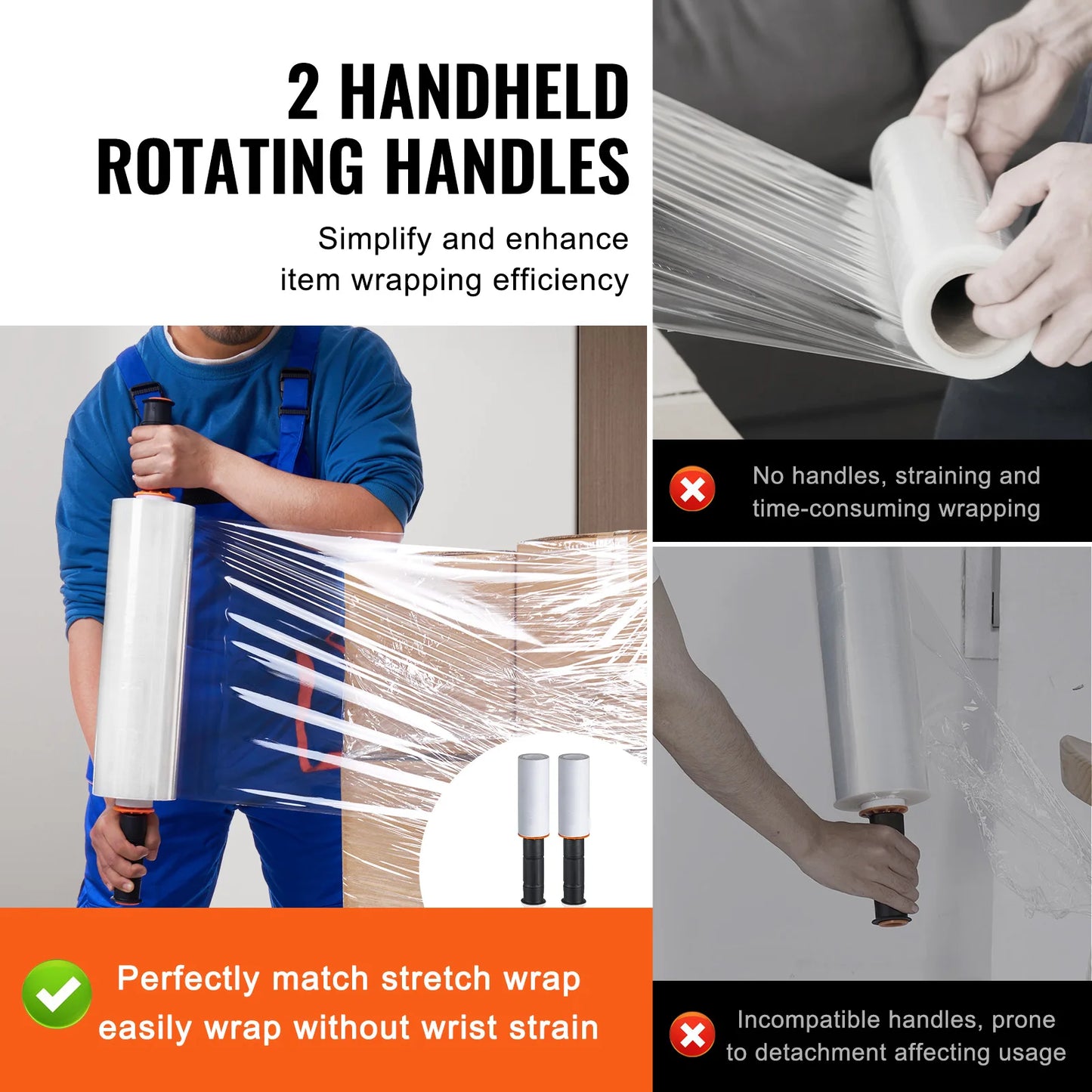 VEVOR 1/2/3/4 Packs Stretch Film 15 in Clear Shrink Film Roll Stretch Wrap with Handles for Pallet Wrapping Shipping Moving