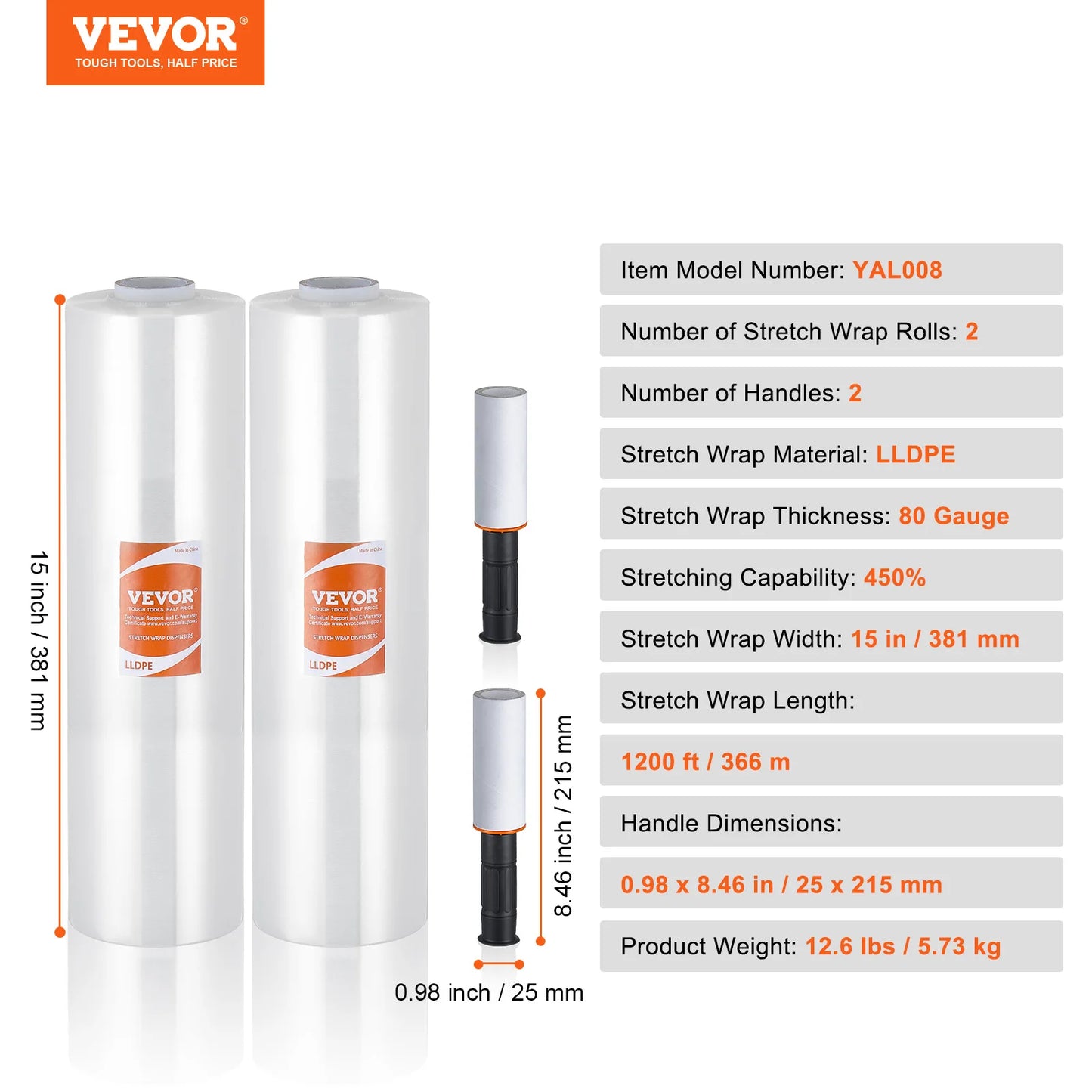 VEVOR 1/2/3/4 Packs Stretch Film 15 in Clear Shrink Film Roll Stretch Wrap with Handles for Pallet Wrapping Shipping Moving