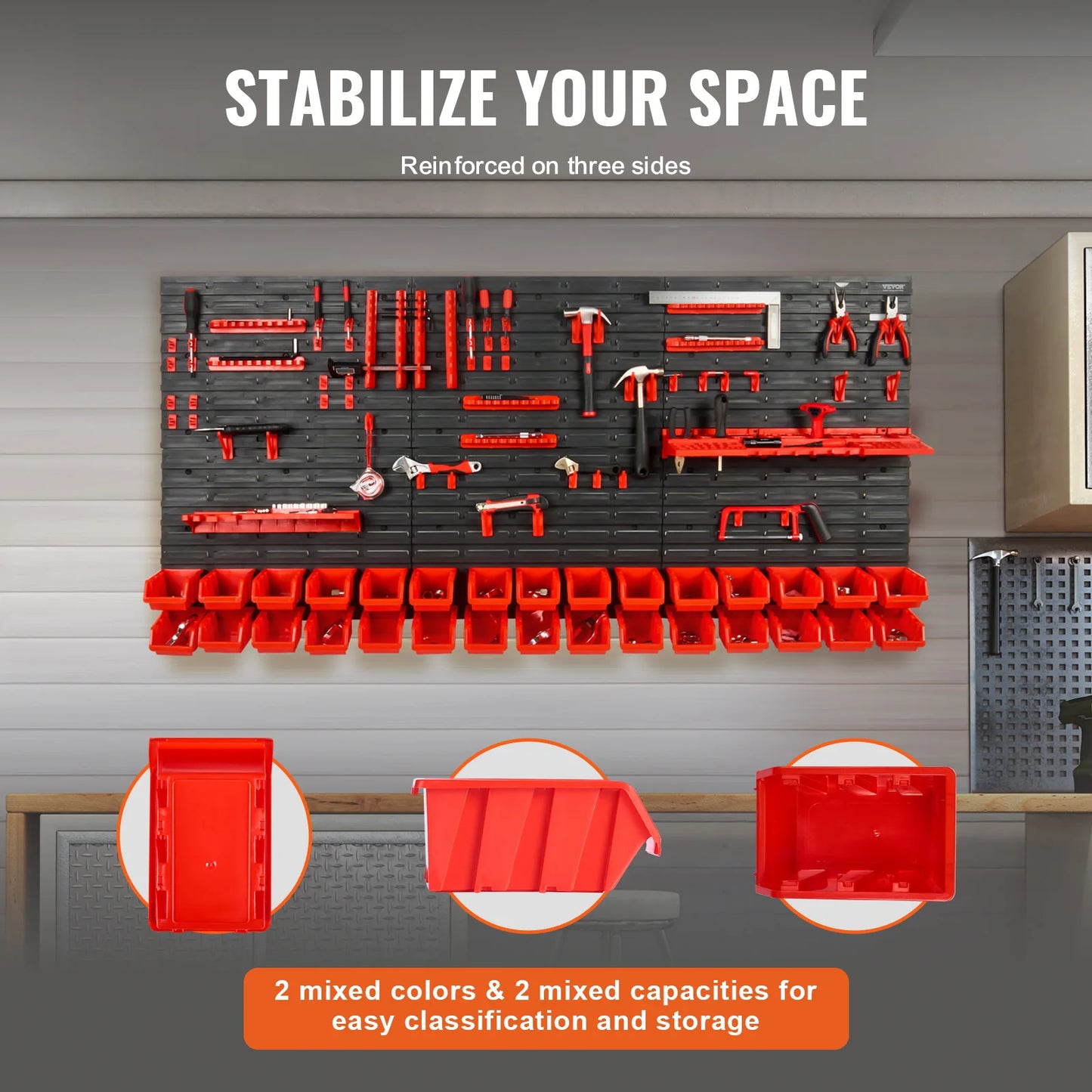 VEVOR Wall Mounted Storage Bins 30/48-Bin Parts Rack Organizer Garage with Wall Panels Hooks Plastic Shop Tool for Screw Nails