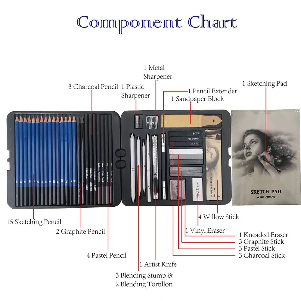 Drawing Set Sketch Kit, Sketching Supplies with 3-Color Sketchbook, Graphite, and Charcoal Pencils