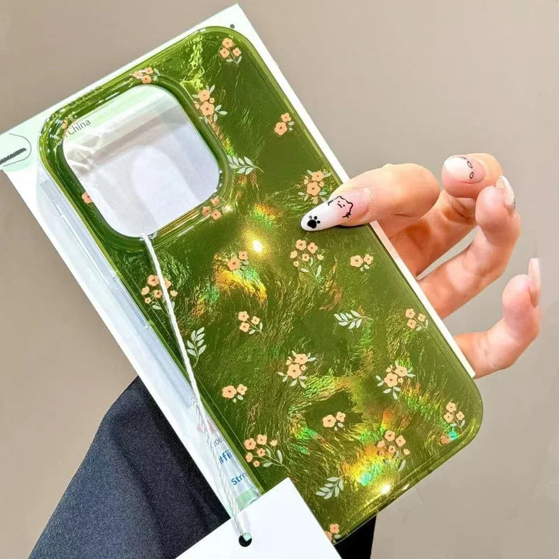 Green Small Floral Print Phone Case for IPhone 16 15 Pro Max 14 13 12 11 Pro XS XR 7 8 Plus Tinfoil Pattern Flowers Soft Cover