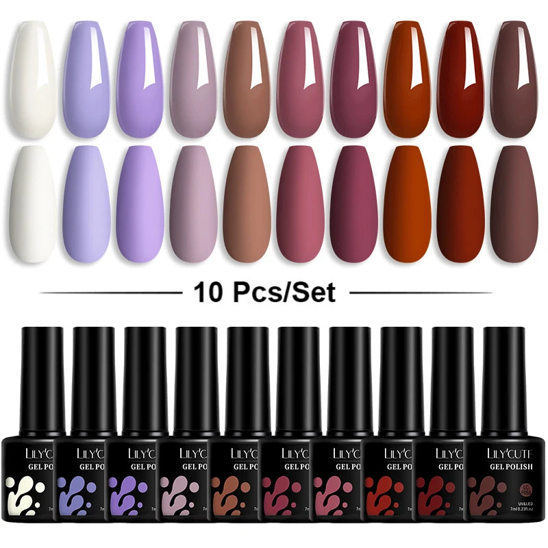 LILYCUTE 10PCS/Set Набір гель-лаків для нігтів Рожевий фіолетовий гель для нігтів Напівперманентний УФ світлодіодний лак Nail Art Design Soak Off Набір гелів для нігтів