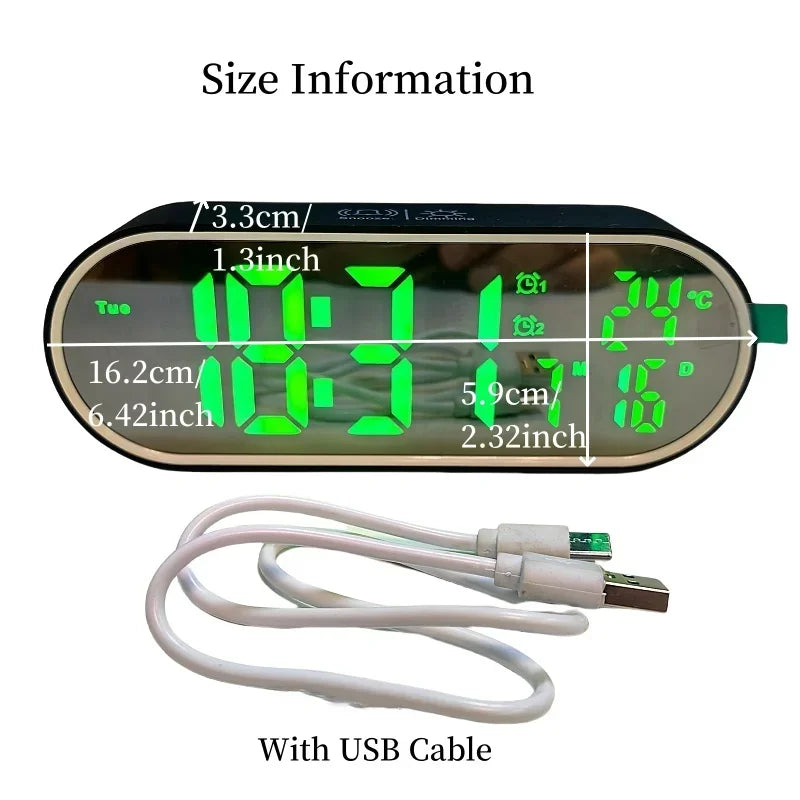 Rechargeable Digital Alarm Clock TEMP Date Week 2 Alarms Night Mode Snooze 12/24H Anti-disturb Voice Control LED Mirror Clock