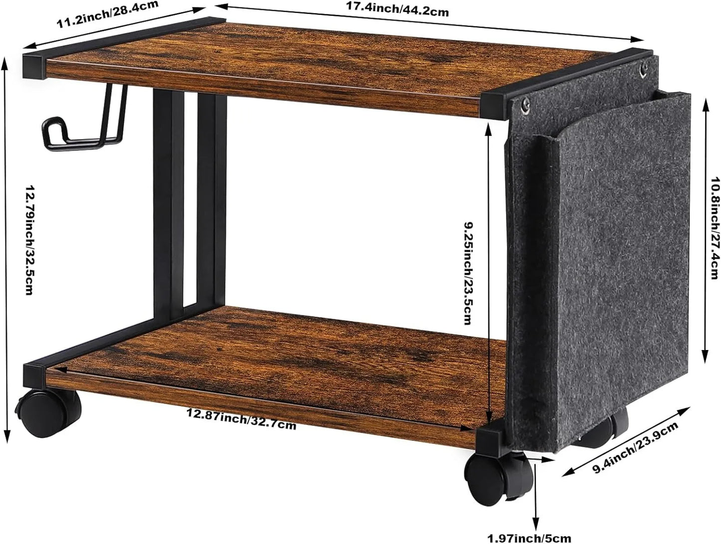 Printer Stand with Storage Bag Under Desk Printer Table on Wheels 2 Tier Small Desktop Rolling Stand Shelf (Brown)