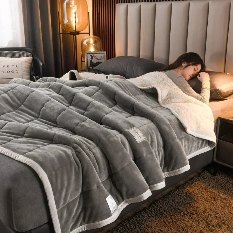 Coral Fleece Autumn Winter Warm Blankets for Bed 3 Layers Thicken Flannel Blanket Quilt Soft Comfortable Warmth Quilts Washable