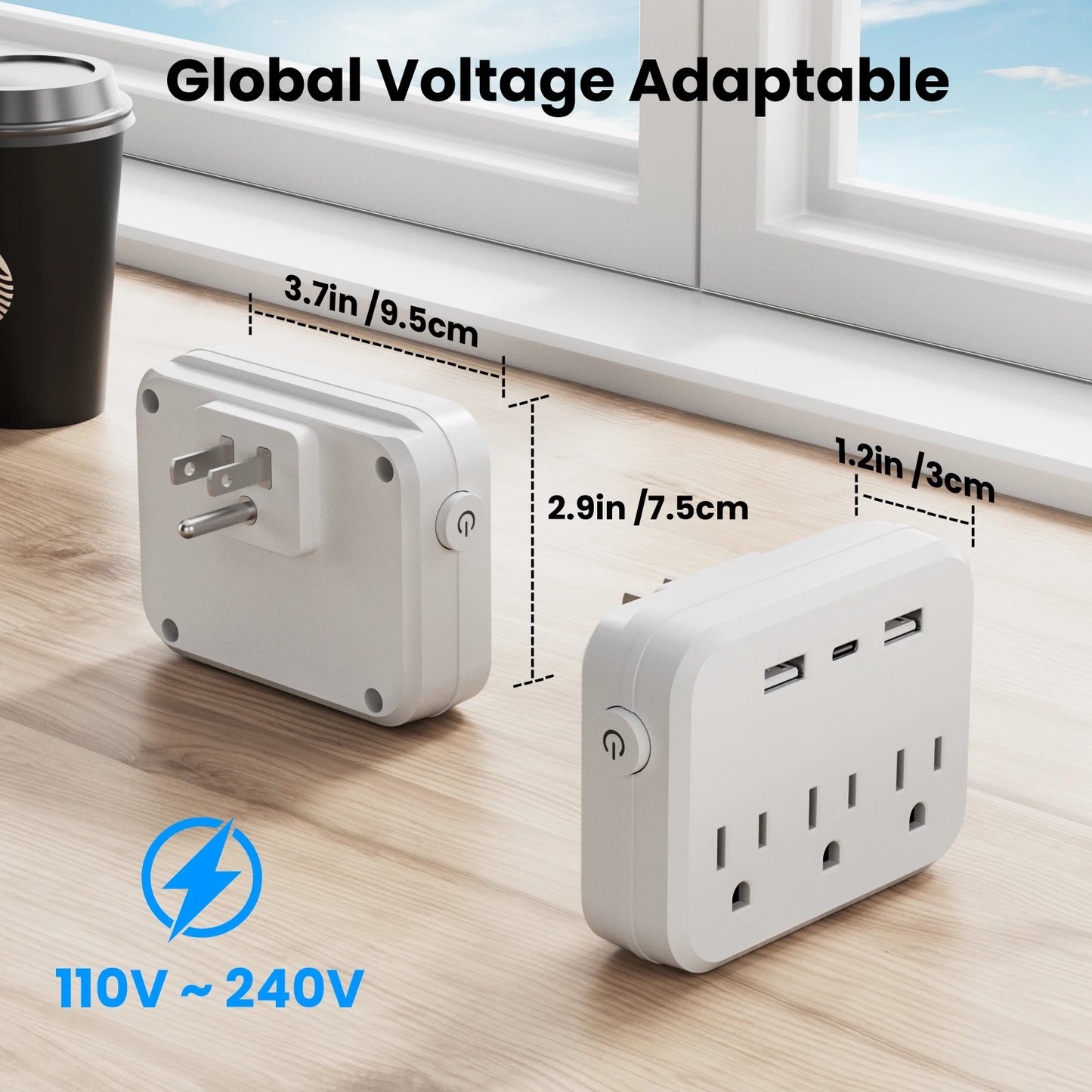TRANSTON 2 pcs,Switch with surge protector Mini Portable power strip 6-in-1 Multifunctional 3 power strip 2 USB ports 1-usb-c