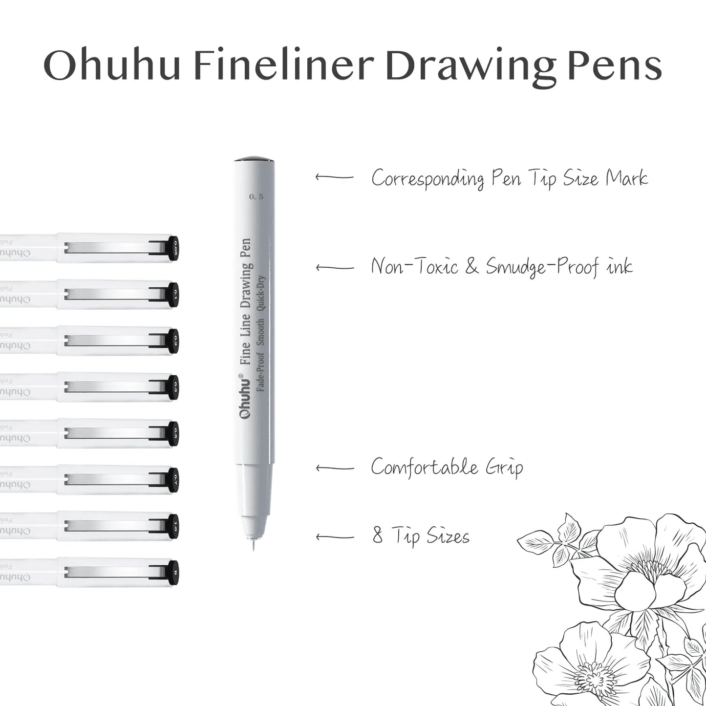 Ohuhu Micro Pen Fineliner Drawing Pens 8 Pack Line Pens Art Colored Pens Fine Point Markers Waterproof Writing Sketching Manga