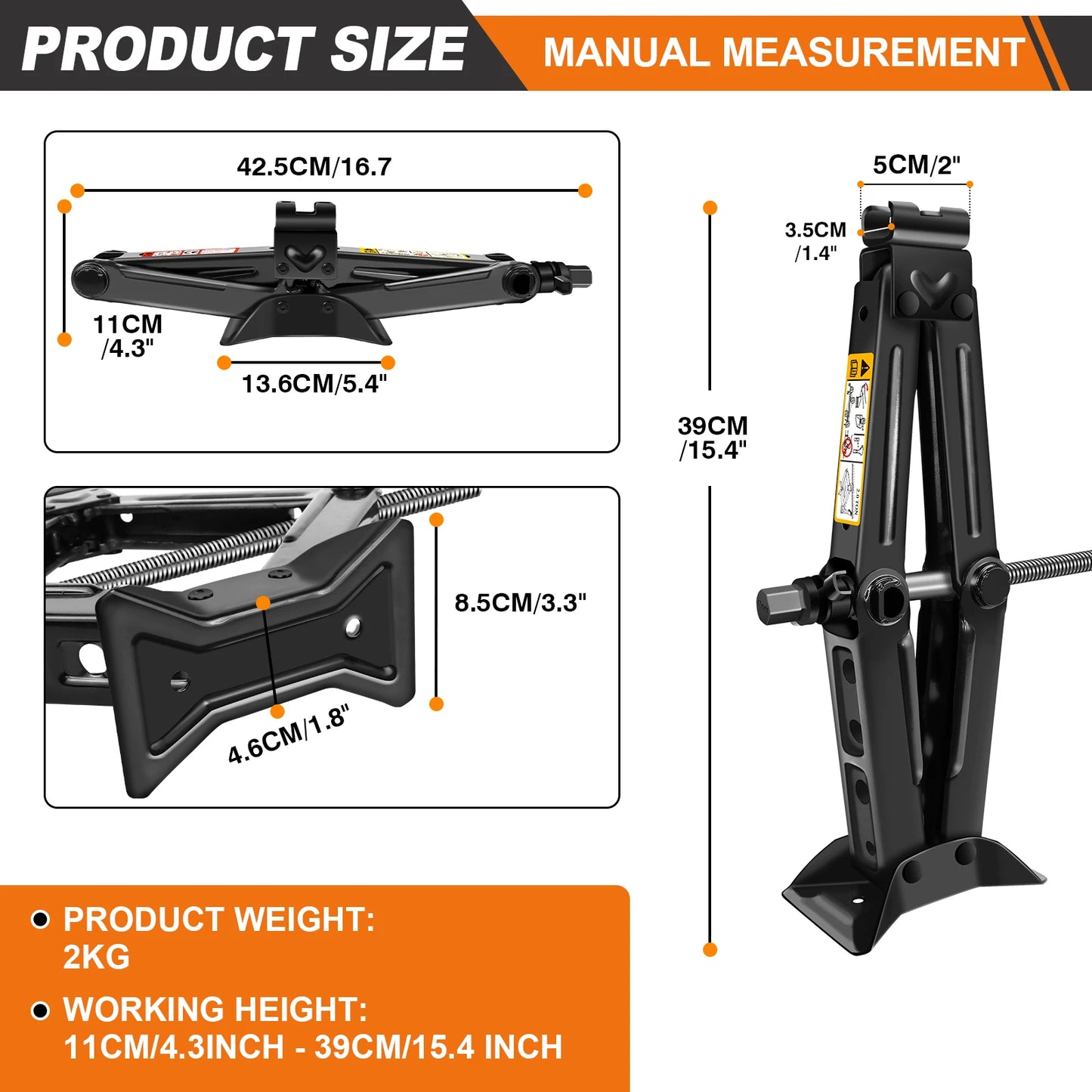 Compact 2 Ton/4409 LBS Scissor Jack with 105 - 385mm Lifting Range and Included Hexagonal Lug Wrench for Cars SUVs Sedans