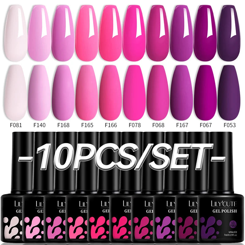 LILYCUTE 10PCS/Set Набір гель-лаків для нігтів Рожевий фіолетовий гель для нігтів Напівперманентний УФ світлодіодний лак Nail Art Design Soak Off Набір гелів для нігтів