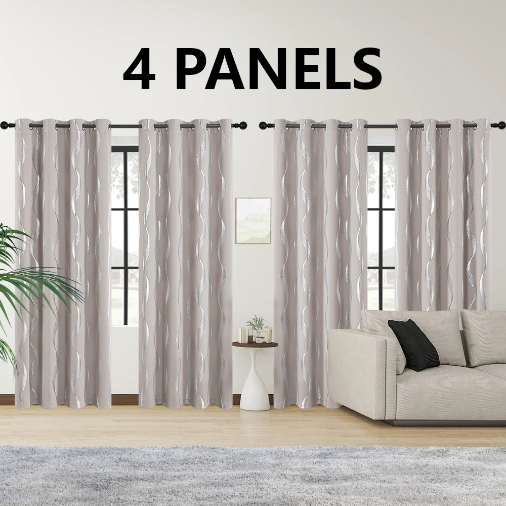 4Pcs Blackout Curtains Grommet Thermal Insulated Room Darkening With Wave Foil Printed For Bedroom