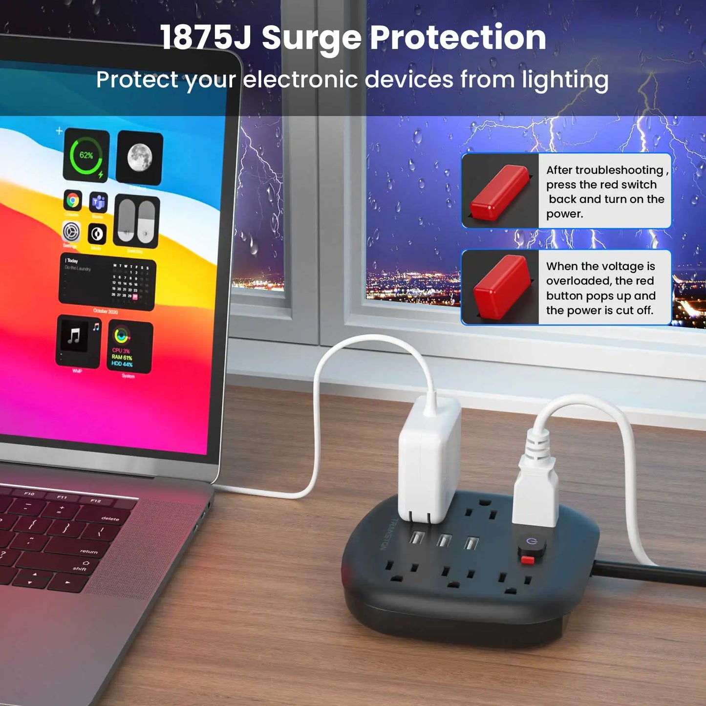 TRANSTON Power Outlet with Surge Protector, 6 power strip 3 USB Ports, 3.3ft Extension Cord, Fire Resistant, For Home and Off