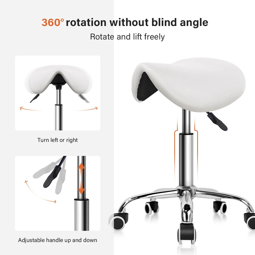 KKTONER Rolling Saddle Stool PU Leather Swivel Adjustable Rolling Stool with Wheels Salon Chair White