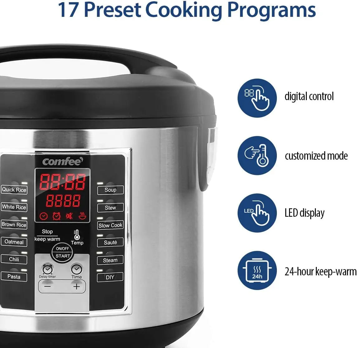 Rice Cooker, Slow Cooker, Steamer, Stewpot, Sauté All in One (12 Digital Cooking Programs) Multi Cooker (5.2Qt ) Large Capacity.