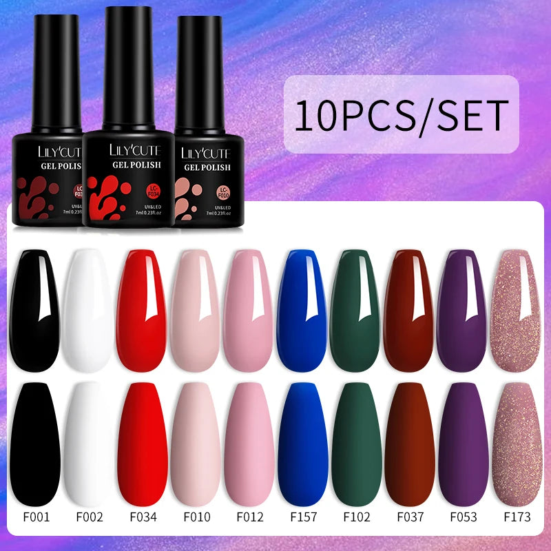 LILYCUTE 10PCS/Set Набір гель-лаків для нігтів Рожевий фіолетовий гель для нігтів Напівперманентний УФ світлодіодний лак Nail Art Design Soak Off Набір гелів для нігтів