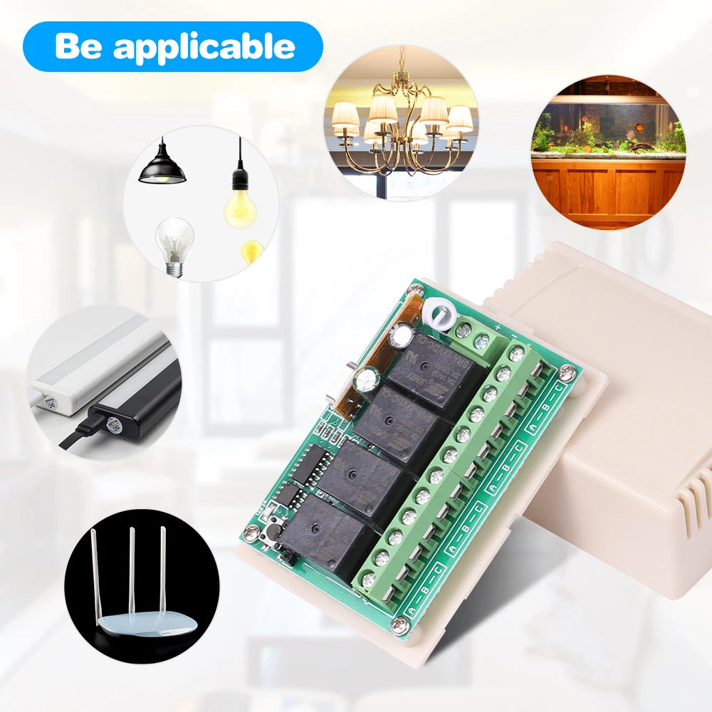 433Mhz DC 12V 20A 4CH Relay Module Receiver EV1527 Wireless Remote Control Switch 433Mhz for DC Motor DIY