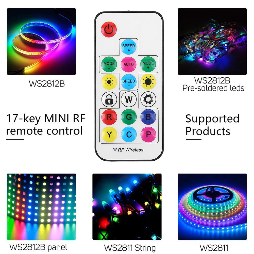 5V RF Wireless Remote Control Battery Powered 2.4G RGB LED Controller 17 Keys Accessories 3 Pin To SATA 4Pin for Computer Case