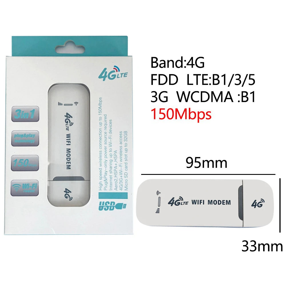 4G Wireless LTE WiFi Router 4G SIM Card Portable 150Mbps USB Modem Pocket Hotspot Dongle Mobile Broadband for Home Office WiFi