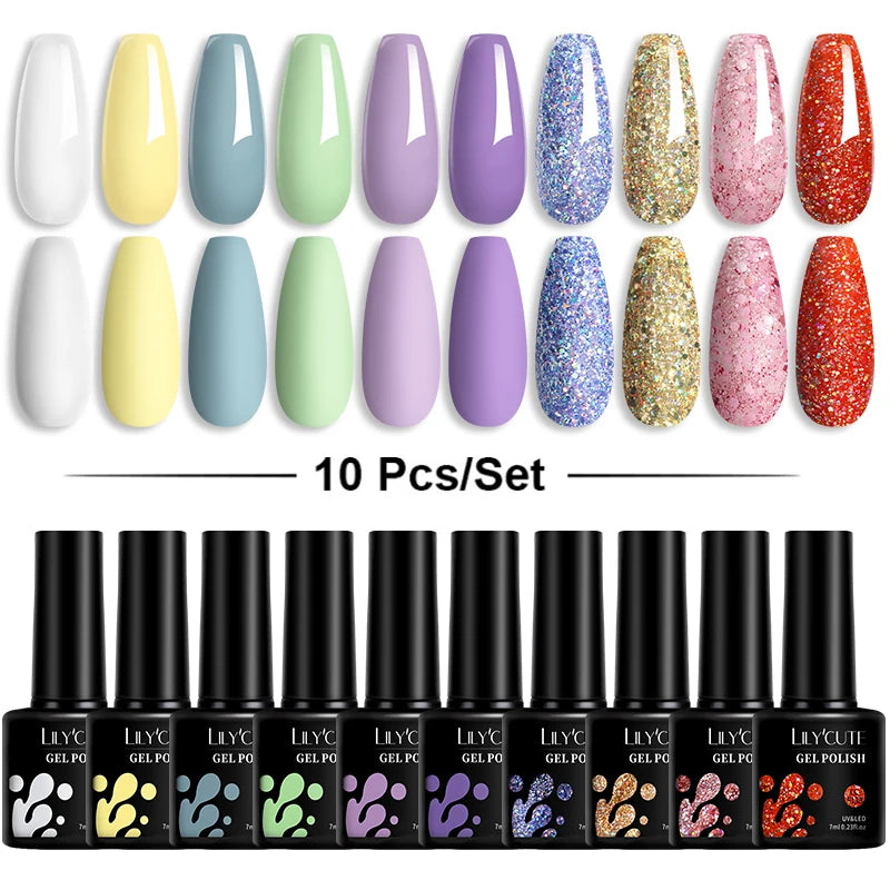 LILYCUTE 10PCS/Set Набір гель-лаків для нігтів Рожевий фіолетовий гель для нігтів Напівперманентний УФ світлодіодний лак Nail Art Design Soak Off Набір гелів для нігтів