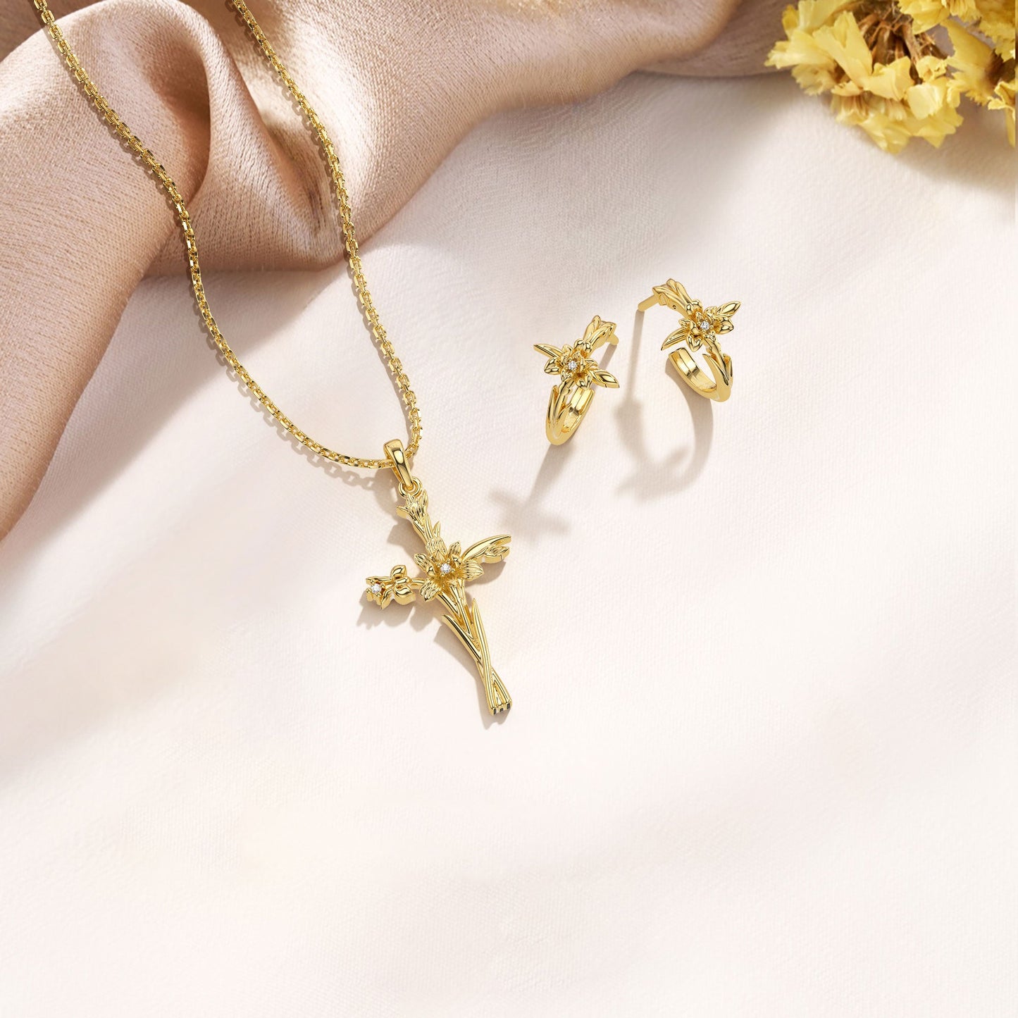 Floral Cross February Iris Birth Flower Half Hoop Stud Earrings
