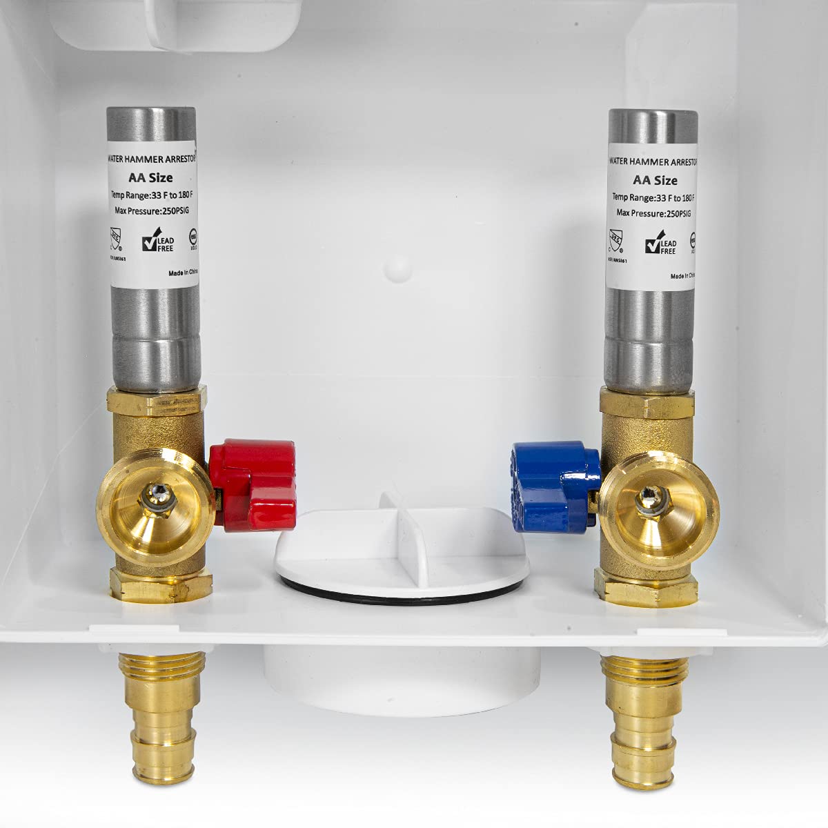 1/2" PEX Expansion (F1960) Inlet, Washing Machine Outlet Box, with Stainless Steel Water Hammer Arrestor