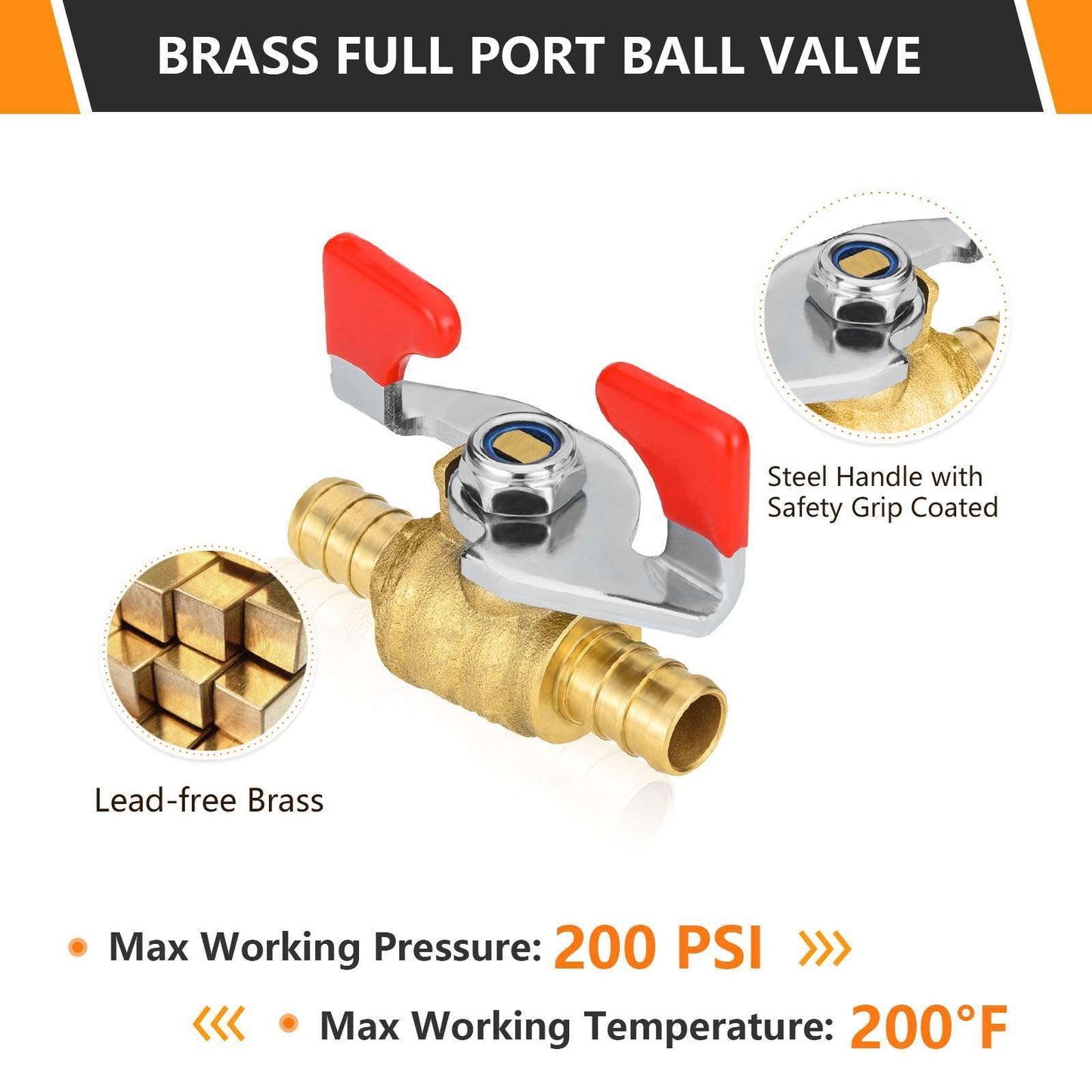 10 Pcs 1/2" PEX Crimp Butterfly Ball Valve, Red (Lead Free)