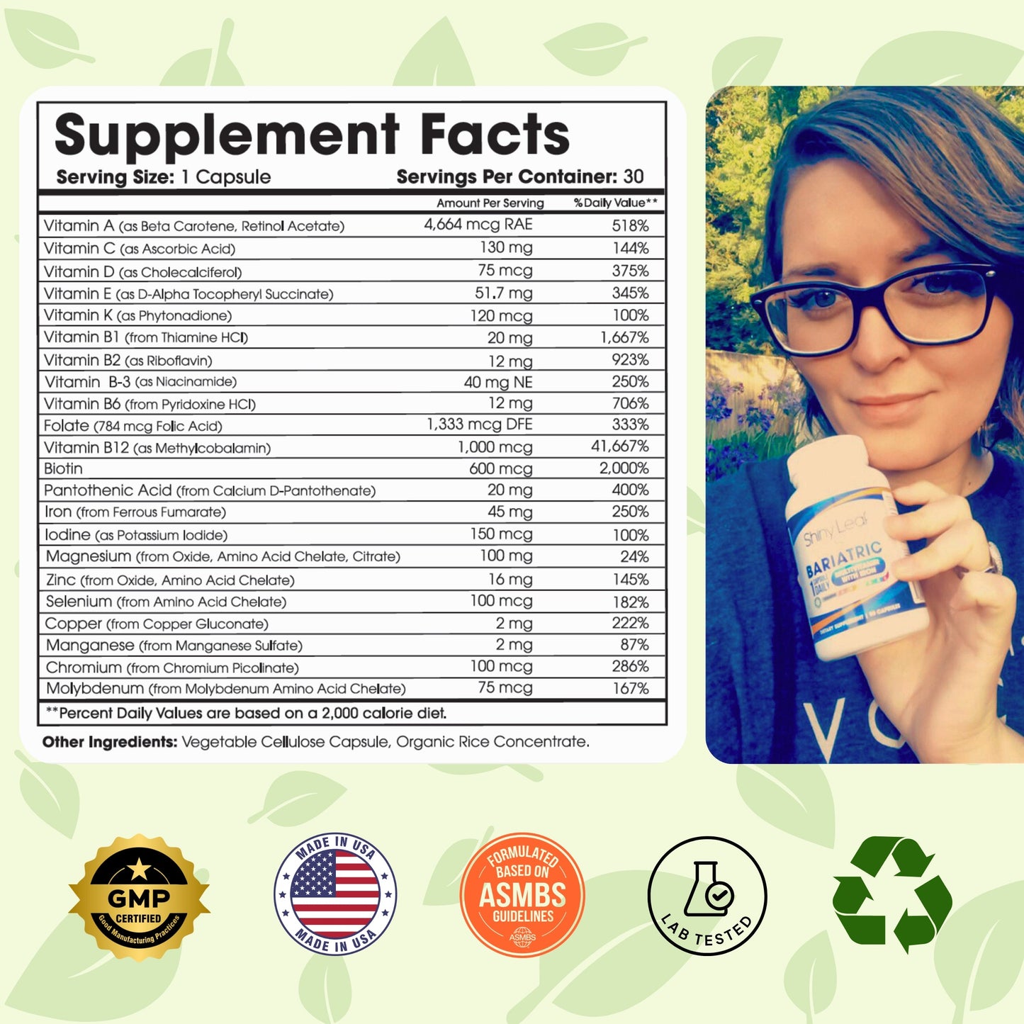 Shiny Leaf Bariatric Multivitamins with 45mg Iron 1 capsule a day