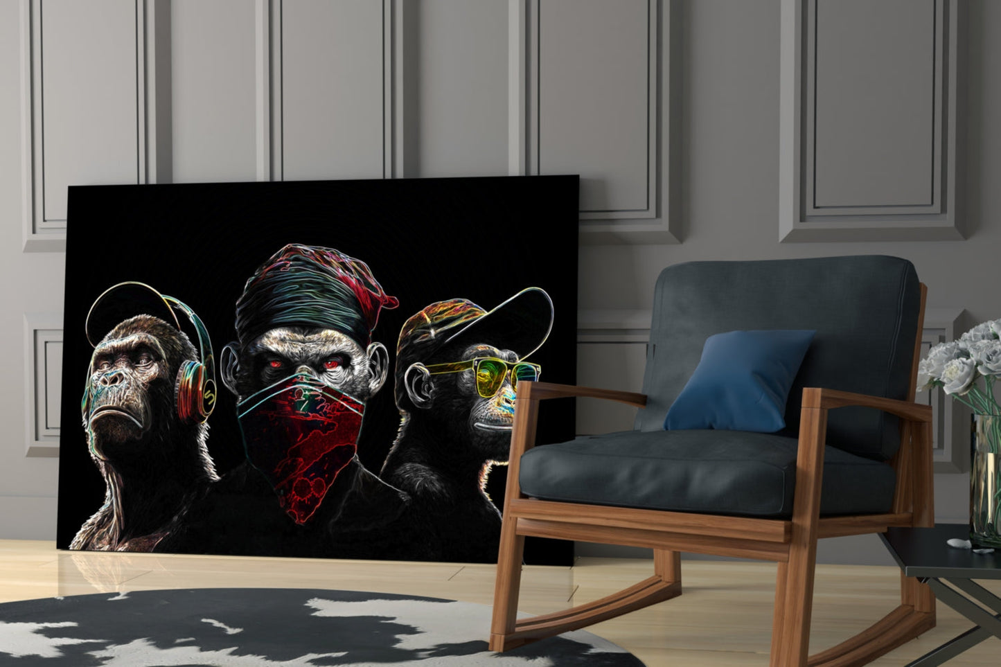 Insigneart USA 3 Wise Monkeys - Neon Lines Glass Wall Art || Designer Collection