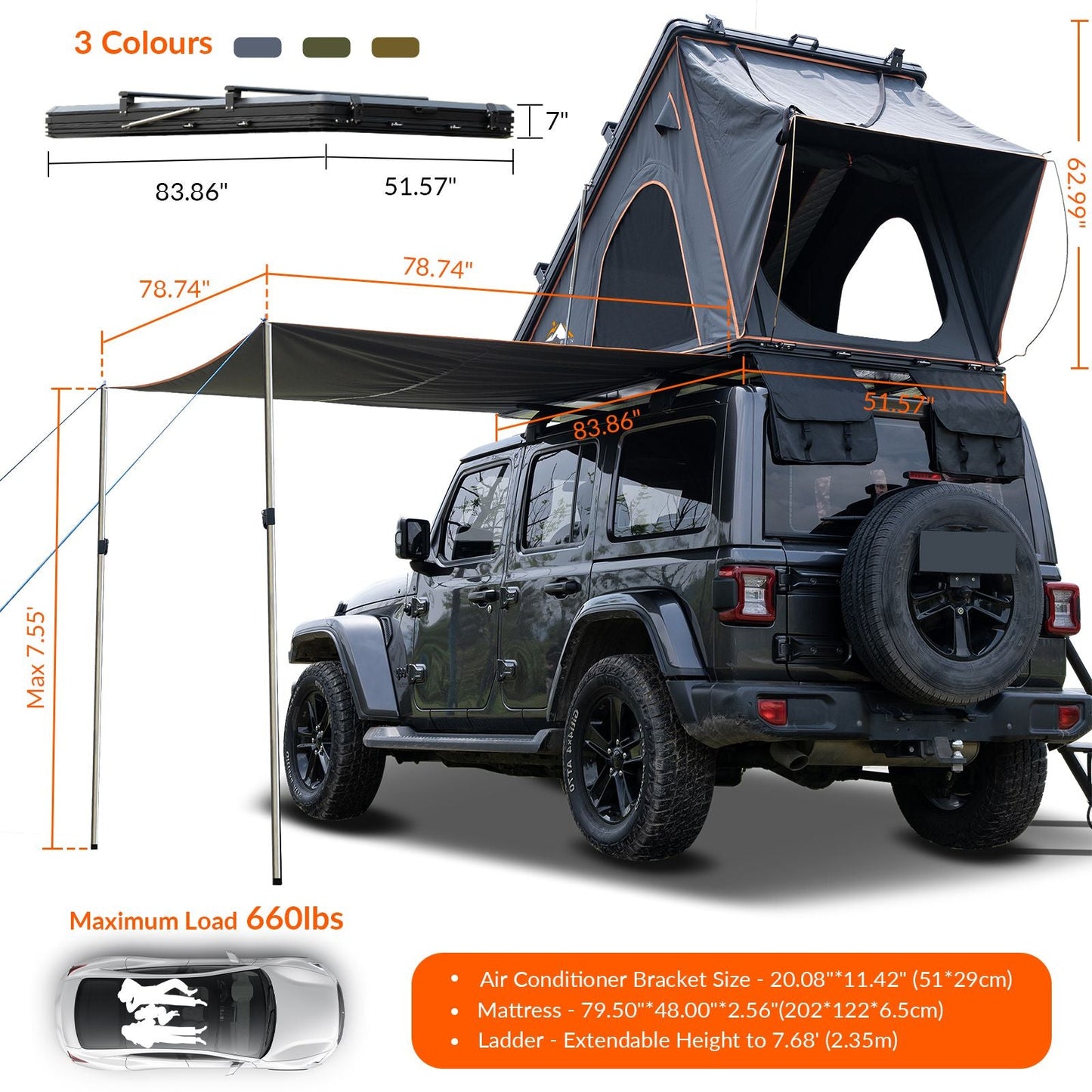 Explorer Plus Rooftop Tent Hardshell with Side Awning, Air Conditioner Outlet with Bracket, Luggage Racks&Replaceable Netting Rain Curtain, Truck Bed Tent for Camping, Pop Up SUV Roof Top Tent EasyOptionXY LLC