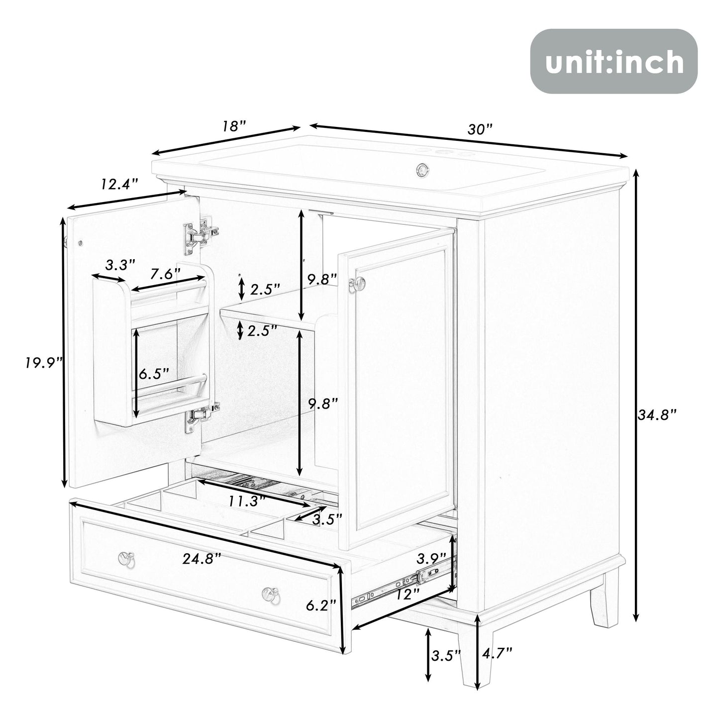 30\" Bathroom Vanity with Sink Combo, Multi-functional Bathroom Cabinet with Doors and Drawer, Solid Frame and MDF Board EasyOptionXY LLC