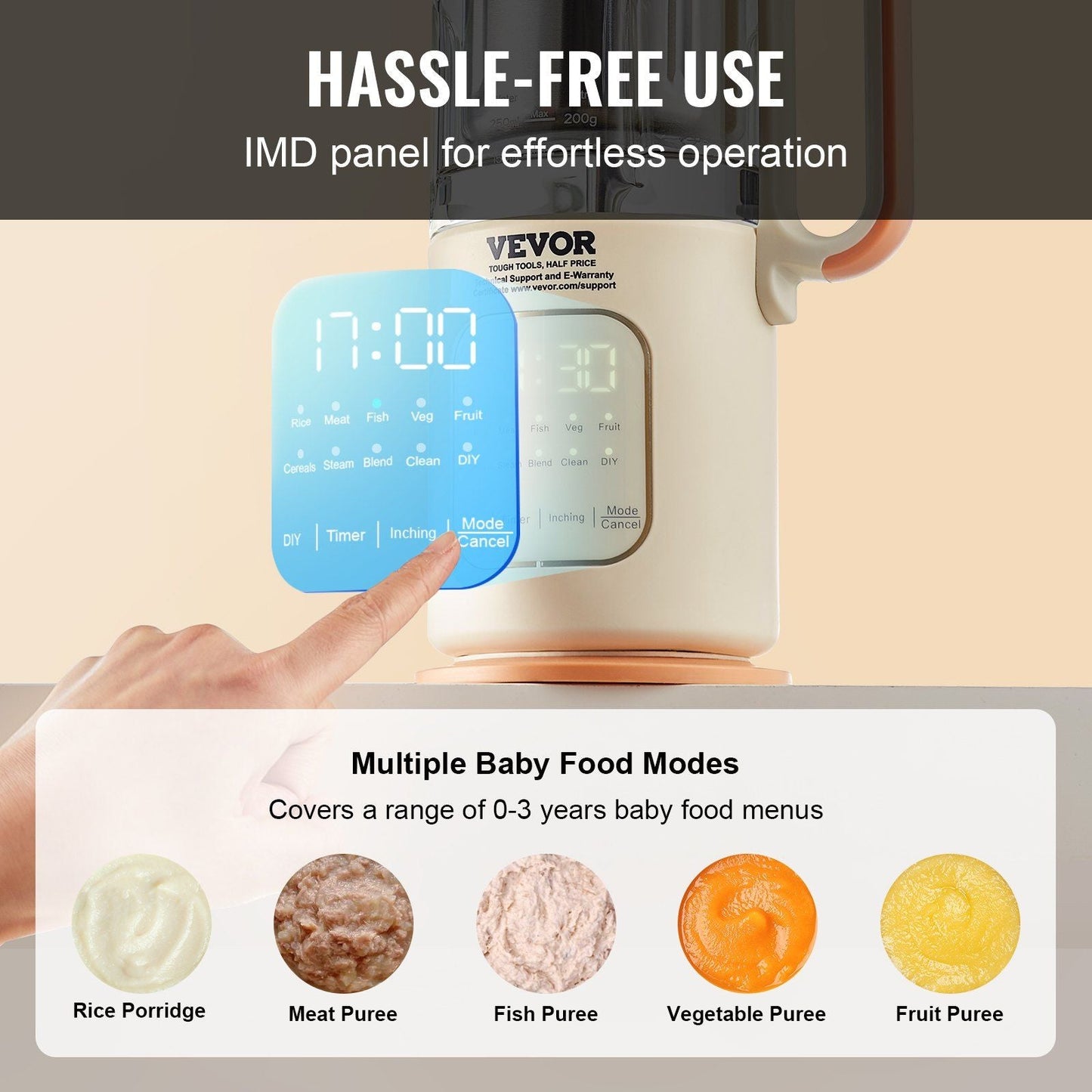 VEVOR Baby Food Maker, 500W Baby Food Processor with 300 ml Glass Bowl, SUS304 Stainless Steel 4-Blade Baby Food Puree Blender Steamer Grinder for Food, Fruit, Vegetable, Meat EasyOptionXY LLC