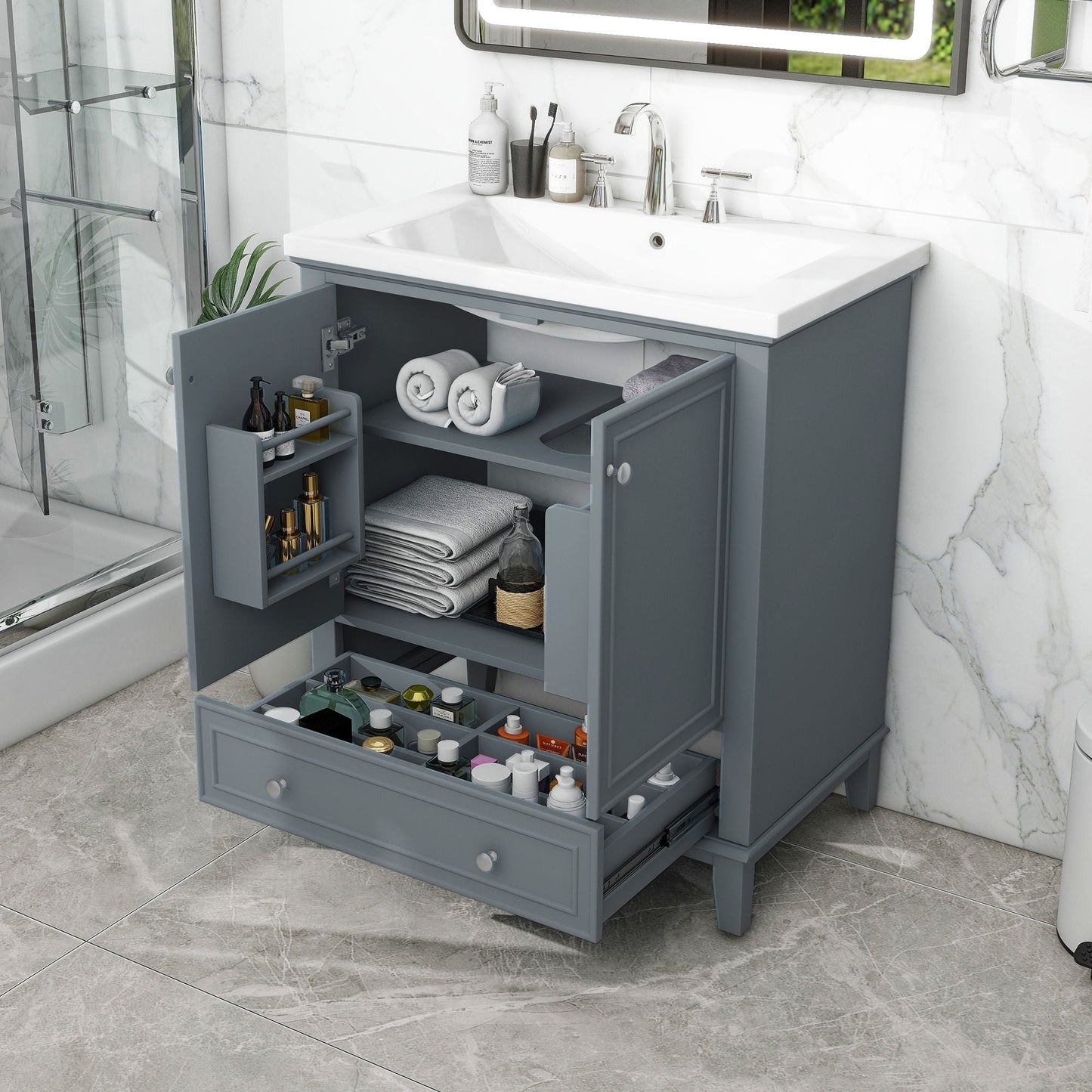30\" Bathroom Vanity with Sink Combo, Multi-functional Bathroom Cabinet with Doors and Drawer, Solid Frame and MDF Board EasyOptionXY LLC