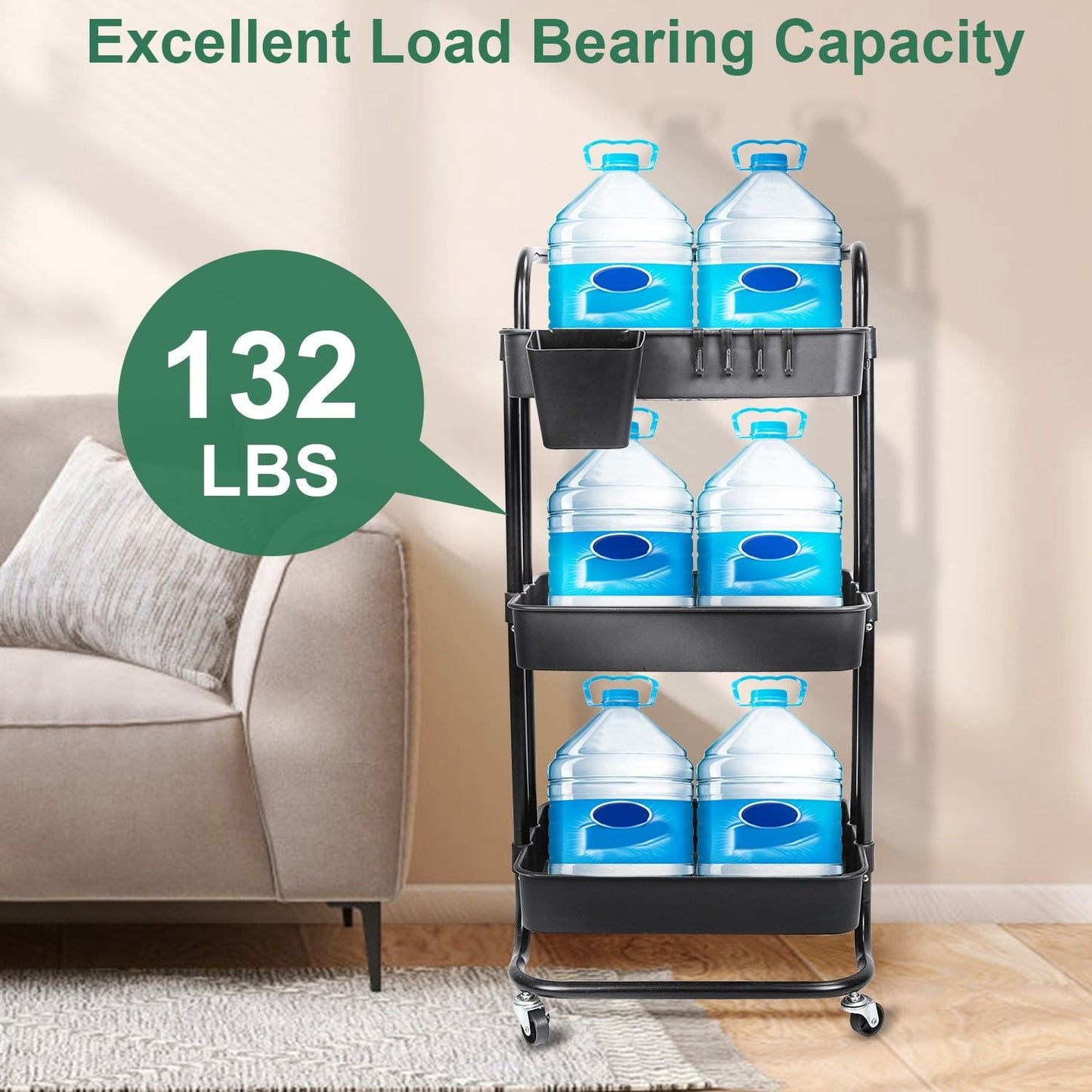3 Tier Rolling Utility Cart Movable Storage Organizer with Mesh Baskets Lockable Wheels 360 Degree Rotatable Hanging Box Hooks Bedroom Bathroom Kitchen EasyOptionXY LLC