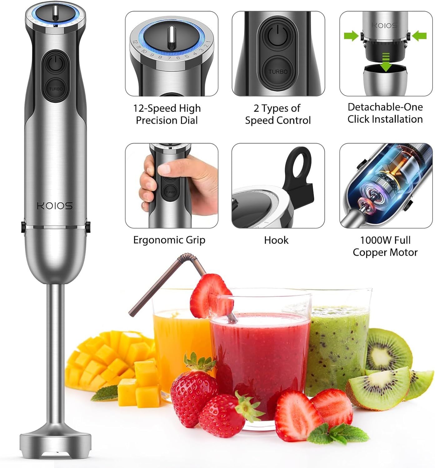 KOIOS Immersion Hand Blender, 5-in-1 Hand Blender with Entire Stainless Steel Blender Shaft, Full Copper Motor, Built in 12 Speed Turbo Stick Blender, Handheld blender for Baby food, Smoothies, Soups EasyOptionXY LLC