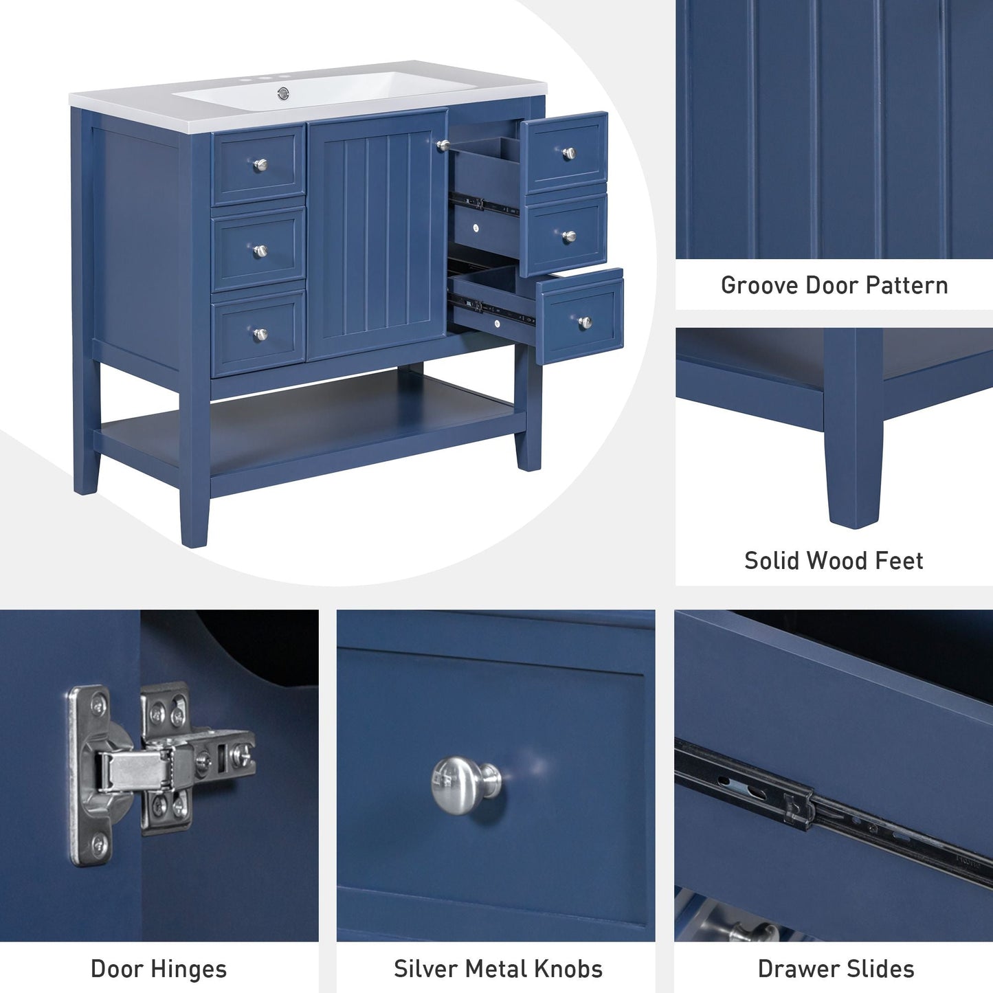 36\" Bathroom Vanity with Sink Combo, One Cabinet and Three Drawers, Solid Wood and MDF Board EasyOptionXY LLC
