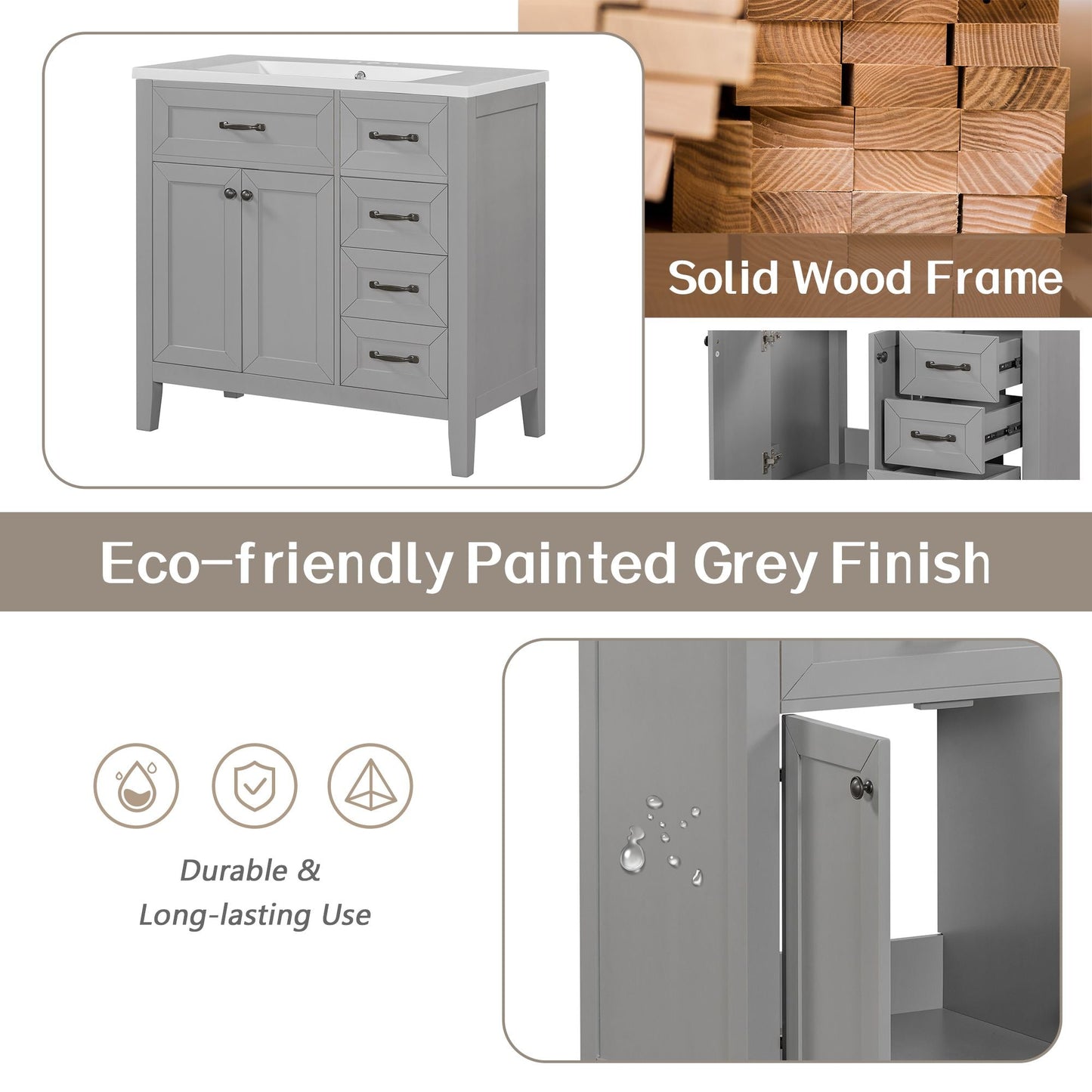 36\" Bathroom Vanity with Sink Combo, Black Bathroom Cabinet with Drawers, Solid Frame and MDF Board