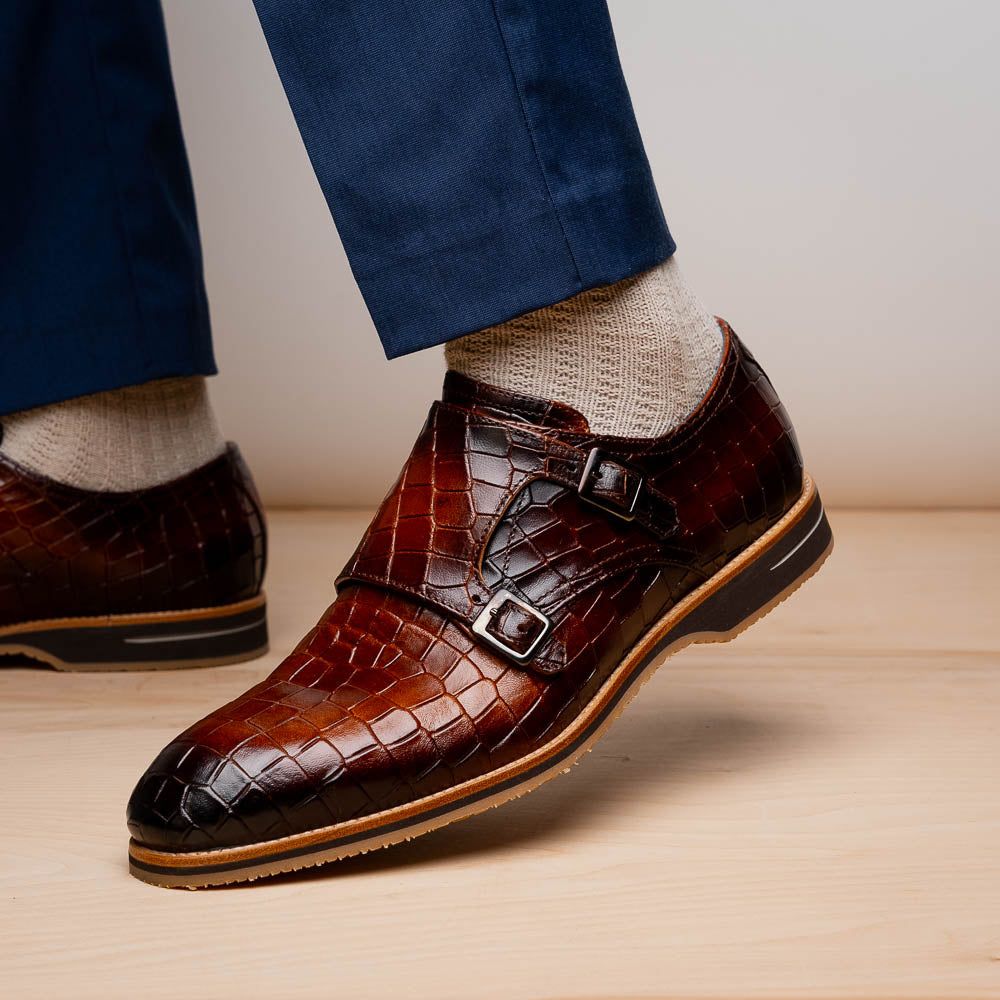 Zelli Italia 55-112-CGN LEGERRA Hand Burnished Crocodile Print Monkstrap Cognac
