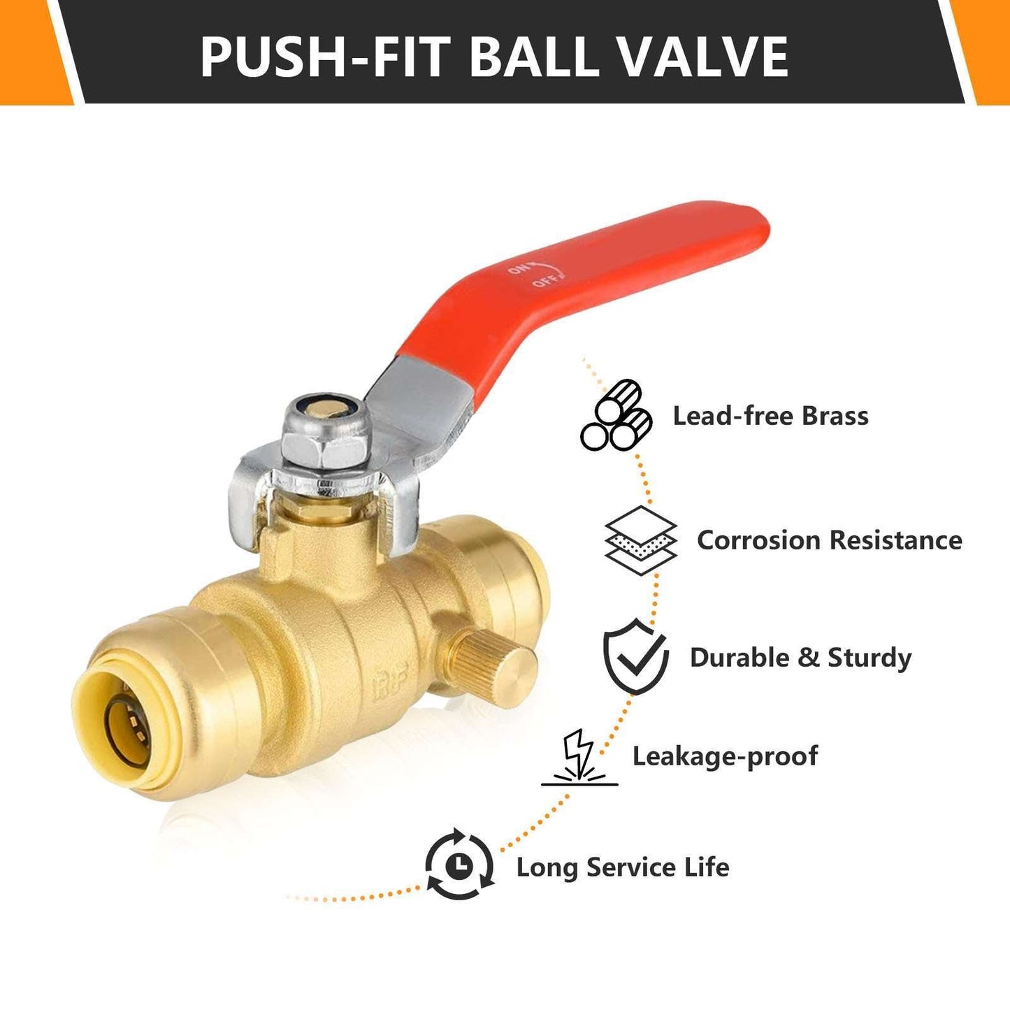 10 Pcs 1/2" Push Fit Ball Valve With Drain, Red Lever (Lead Free)