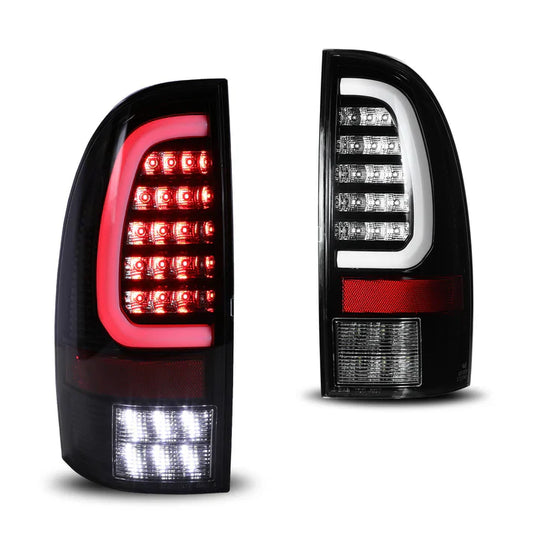 Winjet 2005-2015 Toyota Tacoma LED Sequential Tail Light w/Red Turn Signal - Glossy Black / Clear