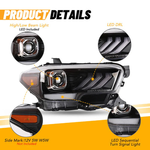 Winjet 2016-2019 Toyota Tacoma/2020-2023 Tacoma SR SR5 TRD Sport DRL Head Lights - Glossy Black/Clear OffRoadUSA.com