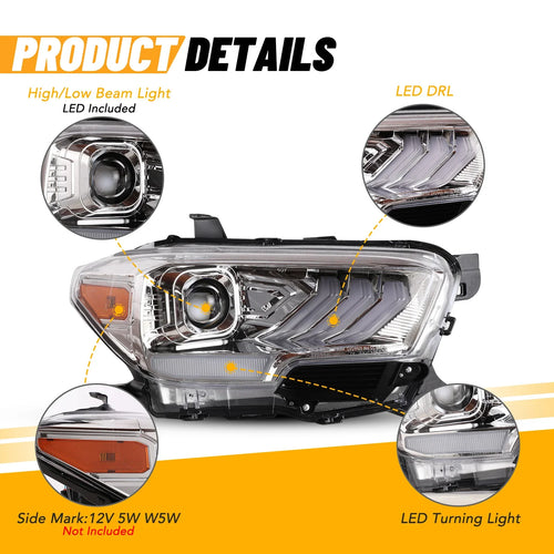 Winjet 2016-2023 Toyota Tacoma DRL Head Lights - Chrome/Clear OffRoadUSA.com