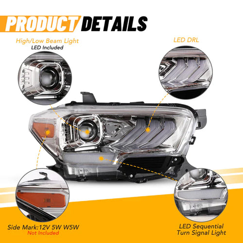 Winjet 2016-2019 Toyota Tacoma/2020-2023 Tacoma SR SR5 TRD Sport DRL Head Lights - Chrome/Clear OffRoadUSA.com