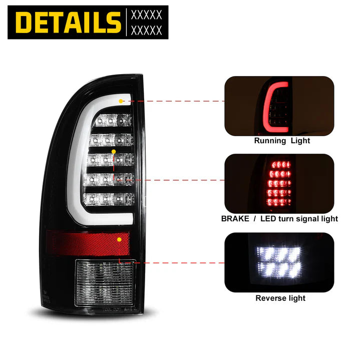 Winjet 2005-2015 Toyota Tacoma LED Sequential Tail Light w/Red Turn Signal - Glossy Black / Clear
