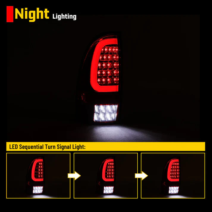 Winjet 2005-2015 Toyota Tacoma LED Sequential Tail Light w/Red Turn Signal - Glossy Black / Clear