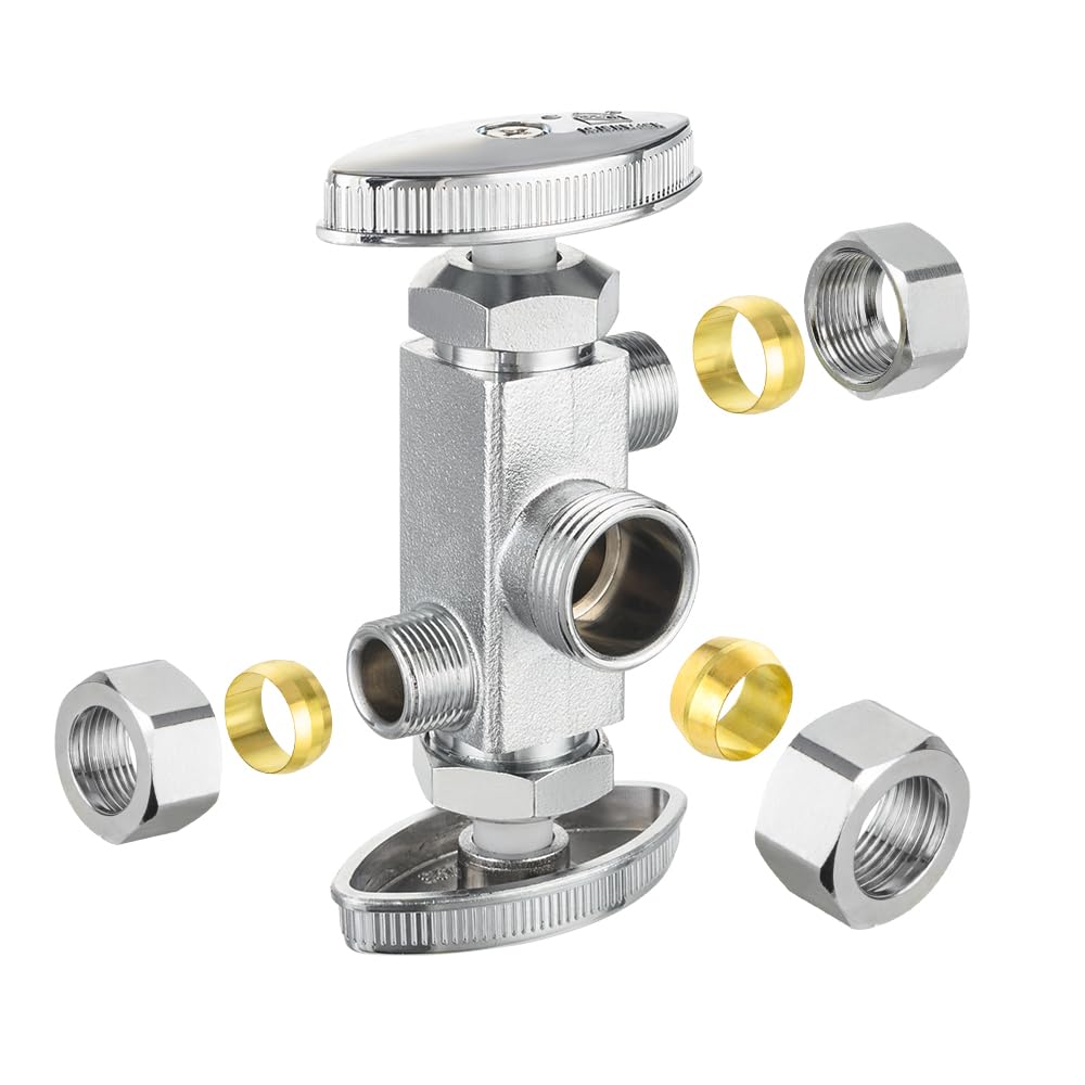 10 Pcs 5/8" OD Compr. x 3/8" OD Compr. x 3/8" OD Compr. 3-Way Stop Valve, Multi Turn (Lead Free)