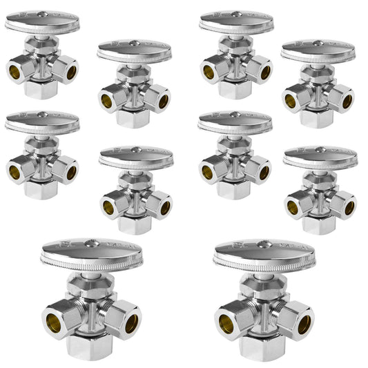 10 Pcs 5/8" OD Compr. x 3/8" OD Compr. x 3/8" OD Compr. Dual Angle Stop Valve, Multi Turn(Lead Free)